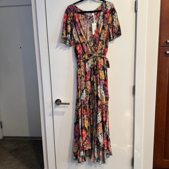 New Johnny Was Strass Wrap Maxi Dress Green V-neck Short Sleeve Sz L Women's - Picture 2 of 8